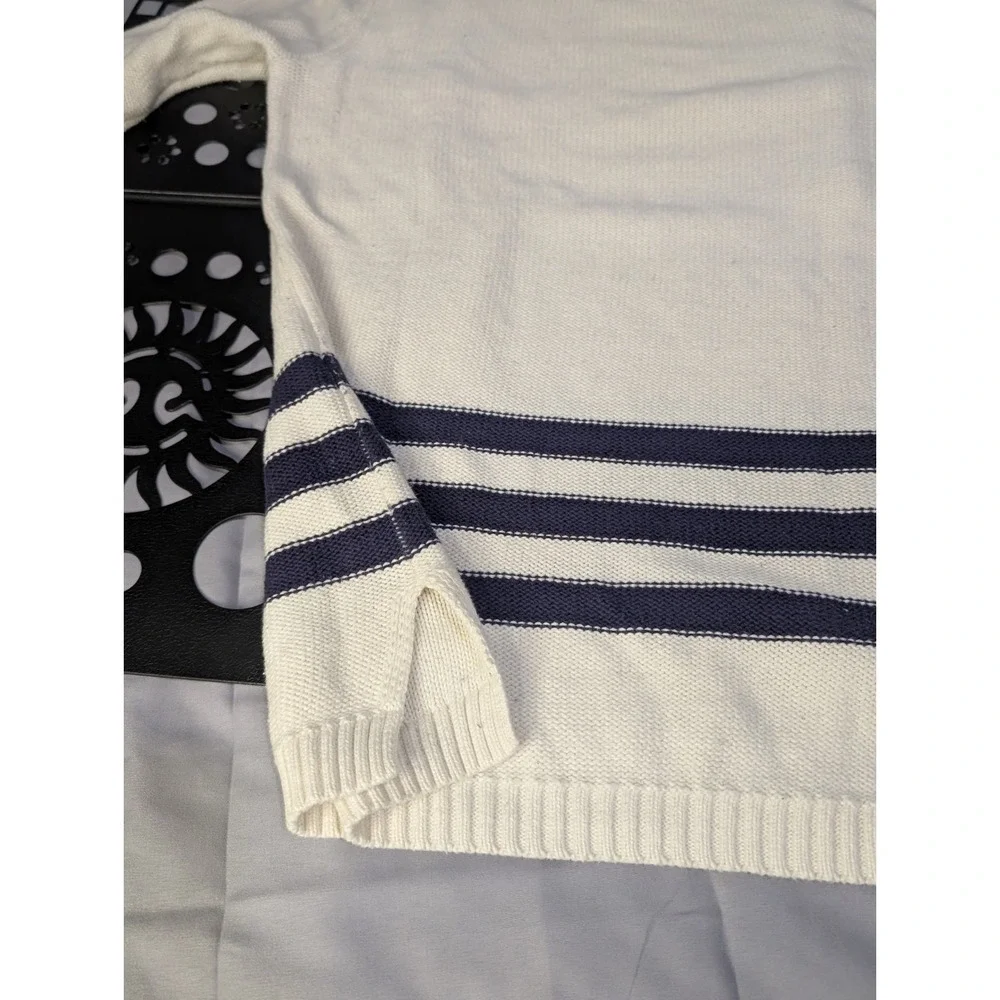 LOFT XS Nautical Stripe Sweater Cream Navy Cotton Button Shoulder Breton‎